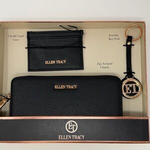 Ellen Tracy Black Zip-Around Women's Wallet Set Logo Gold Tone Accent